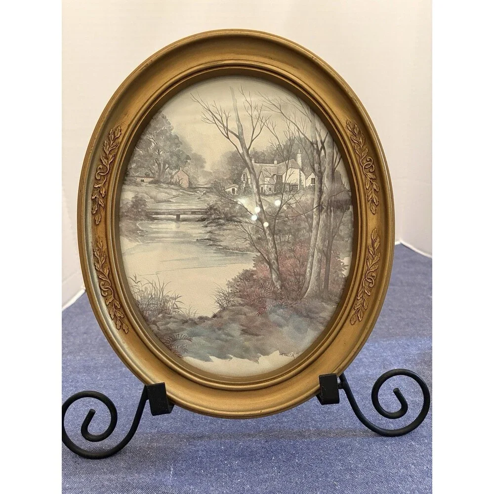 Two Vintage HomCo Gold Tone Oval Framed Prints by Artist F. Massa